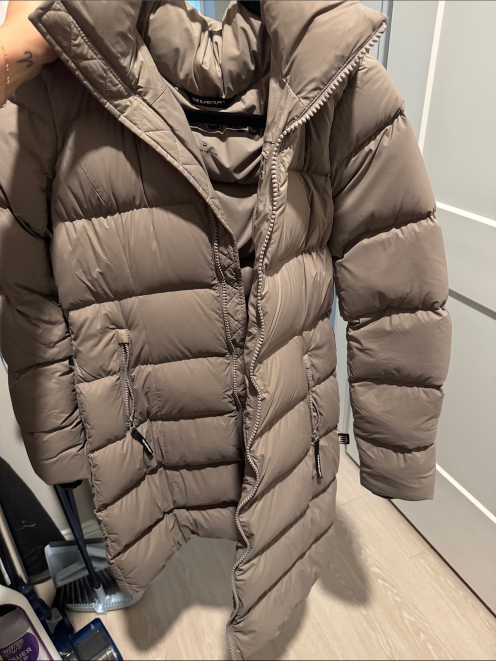 Aritzia Taupe Long Quilted Puffer Coat with Hood